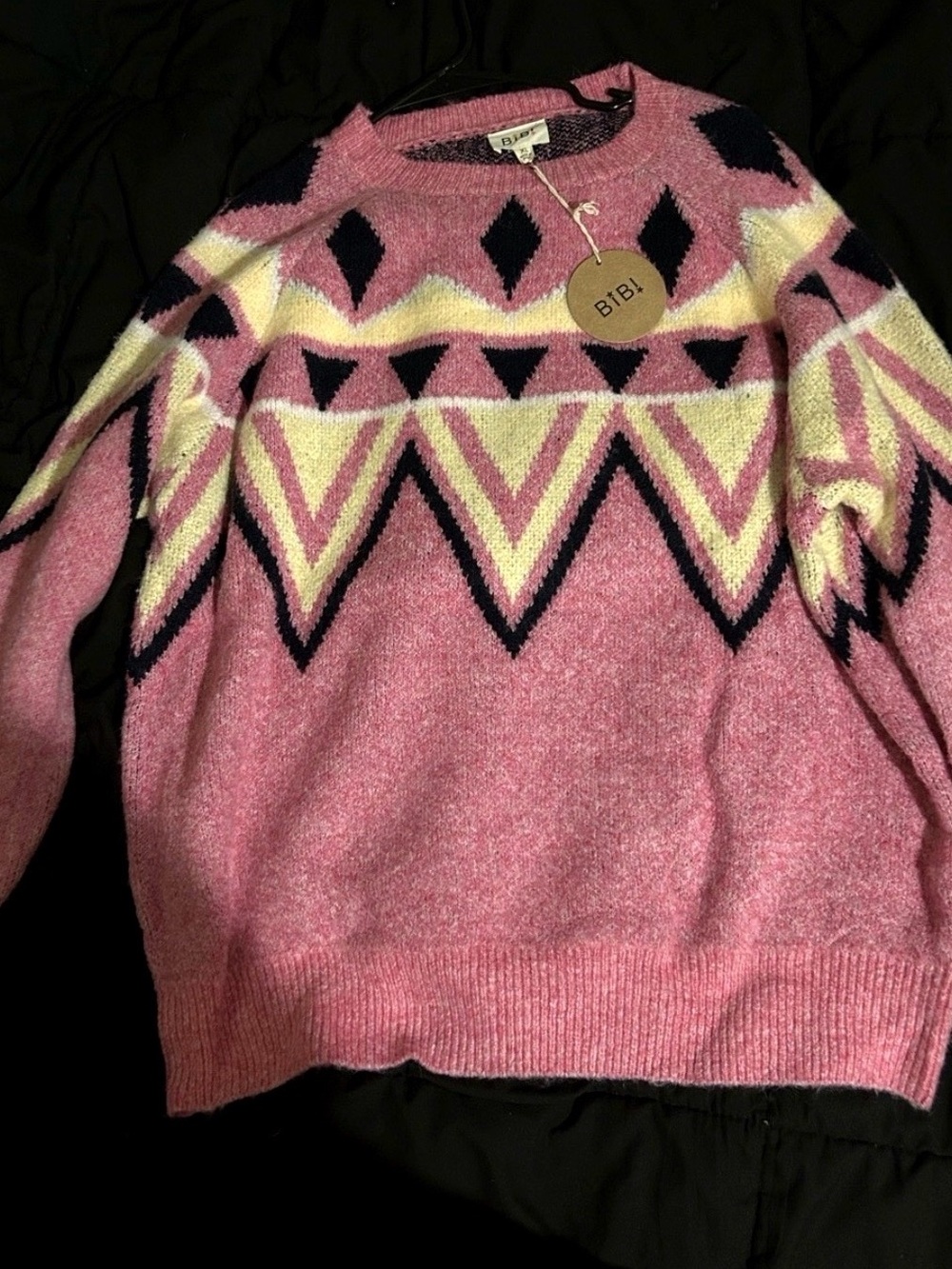 BiBi Pink Geometric Crewneck Sweater with Cream & Black Accents